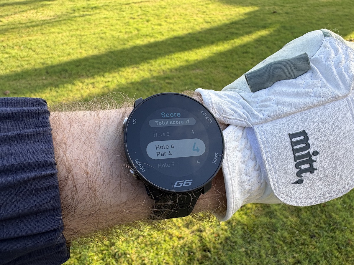 Shot Scope G6 GPS golf watch showing digital scorecard