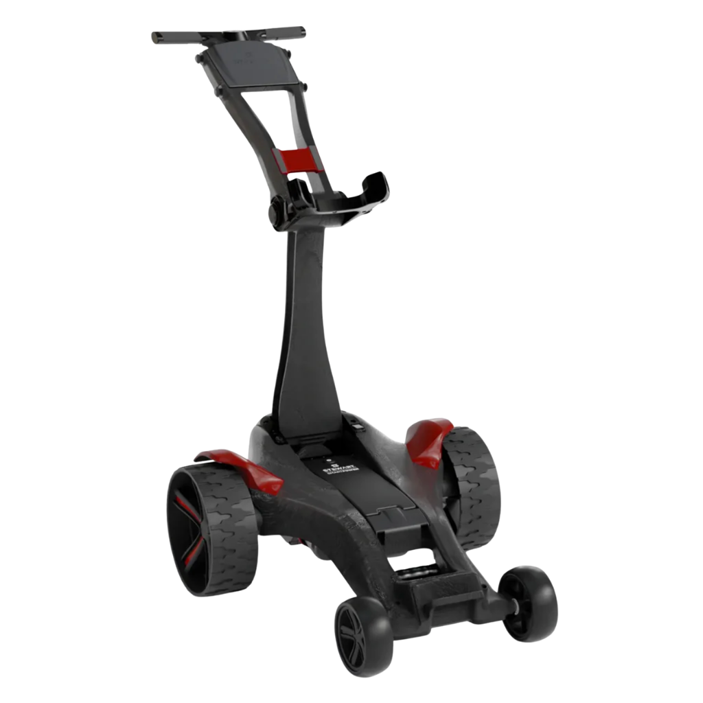 Stewart Golf VERTX Remote golf trolley in black and red with a white background