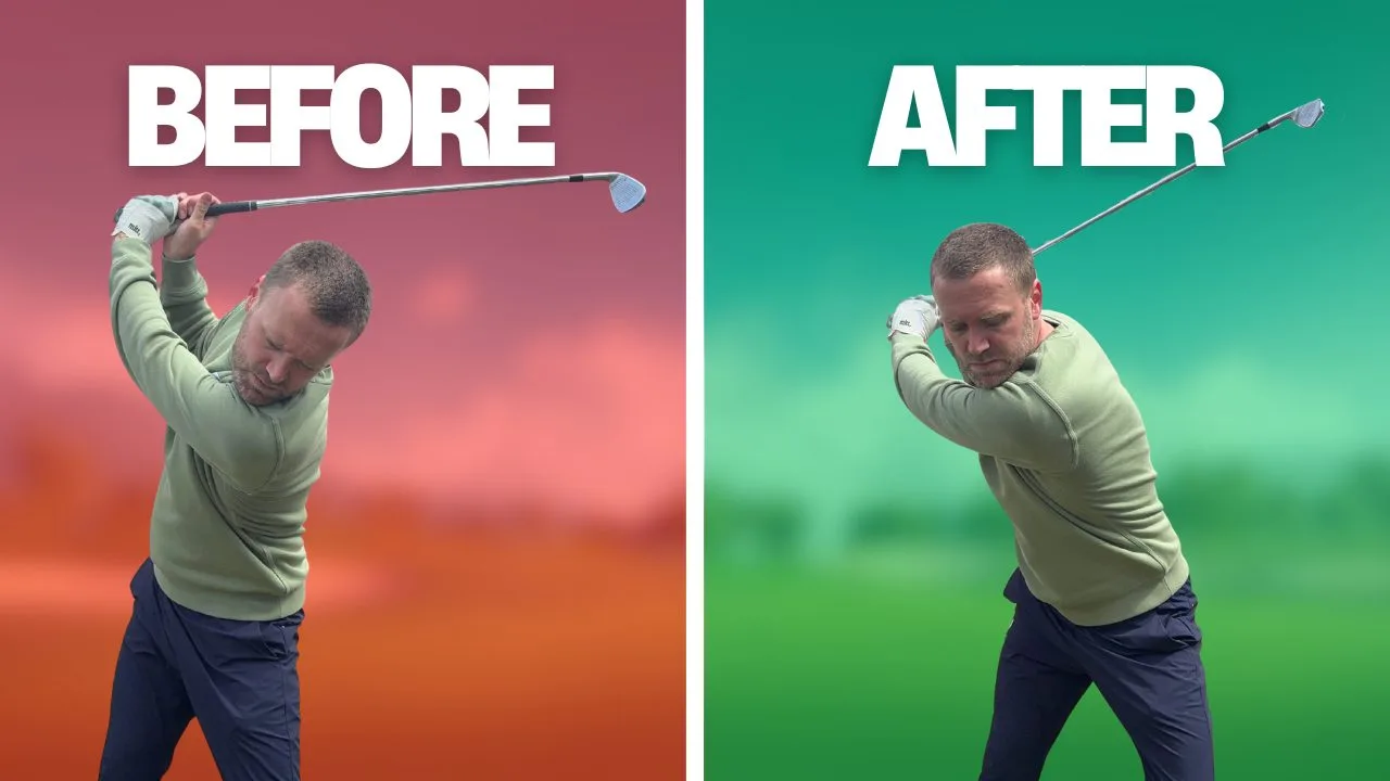 A bad golf swing with a red background and the title 'before', and a good golf swing with a green background and the word 'after' displayed above.
