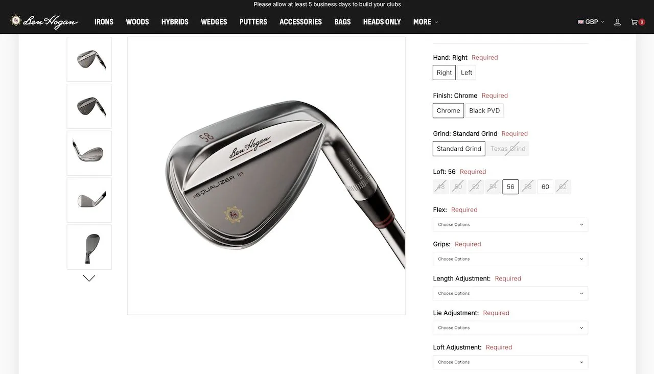 Ben Hogan Website showing the customisation options for the Equalizer II wedges