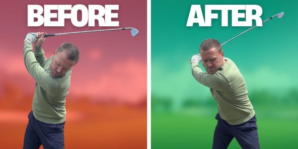 A bad golf swing with a red background and the title 'before', and a good golf swing with a green background and the word 'after' displayed above.