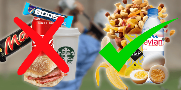 Lots of bad golf snacks with a red cross as well as good healthy snacks with a green tick