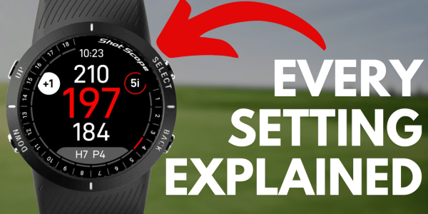Shot Scope V5 golf watch with text explaining that every setting will be explained.